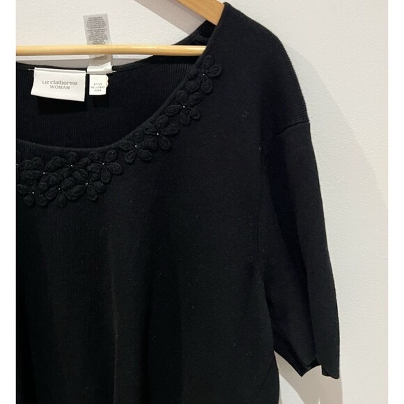 Liz Claiborne Woman's Black Linen Cotton Short Sleeve Sweater Floral Applique 2X - Picture 16 of 16
